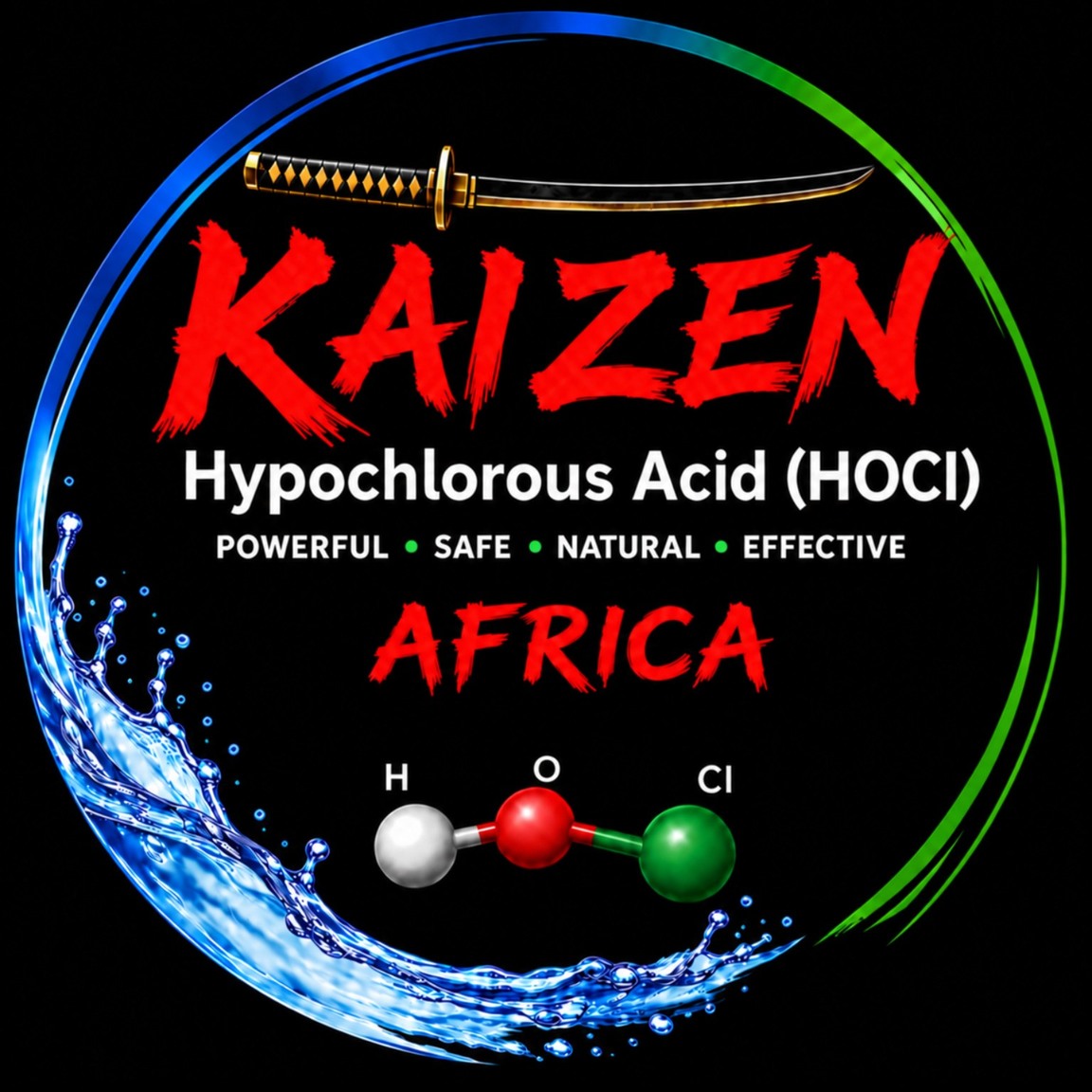 KaiZen HOCl Africa logo with katana and HOCl molecule